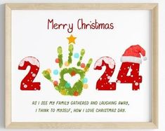 a christmas card with the number twenty four and handprinted numbers in santa claus's hat