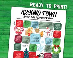 a printable holiday town scavenger hunt for kids to play around the christmas tree