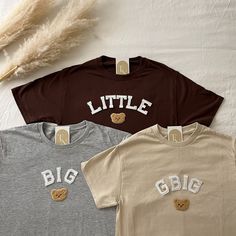 These cute Bear Sorority Big Little Shirts are great for Big Little Reveal / Bid day! They are perfect to give to your big/lil as a gift and match outfits with! <3  - These letters are iron-on patched and is heat pressed, not embroidered. - All our shirts run a Unisex fit. They are naturally oversized, so we highly recommend choosing your actual size! Size down if you'd like it more fitted.  - Material is super soft and comfy! ♡ - Please note that shirt brand used may vary depending on what our Big Little Shirts Sorority, Sorority Big Little Reveal, Big/little Baskets, Big Little Basket, Sorority Tees, Teddy Bear Theme, Big Little Shirts, Big Lil, Sorority Paddles