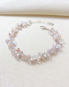 Pink Topaz and Pearl Cluster Bracelet - Marshcreekjewelry Crystal Gemstone Bracelets For Wedding, Elegant Crystal Bracelets With Gemstone Beads, Delicate Gemstone Bracelets For Wedding, Adjustable Natural Stone Beaded Bracelets For Wedding, Wedding Beaded Bracelet With Gemstone Beads, Silver Gemstone Beaded Bracelets For Wedding, Delicate Beaded Crystal Bracelet, Elegant Pearl Bracelet With Gemstone Beads For Wedding, Feminine Bouquet