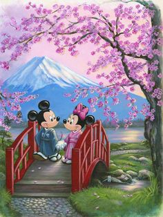 mickey and minnie mouse sitting on a bridge in front of a mountain with cherry blossoms