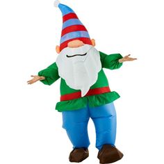 an inflatable garden gnome is standing with his arms out and hands outstretched to the side