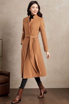 ★★ Welcome to my Ylistyle's shop！！！ Our long wrap camel wool coat, it's a good fashion item.  Every detail of the camel wrap wool coat  is handled very well.  This wool coat features a waist-cinching design to perfectly show off your figure. ★★FEATURES 50% wool, 50% fiber nylon polyester Polyester lining Two Side pockets Belt closure Long wool coat Wrap wool coat A line coat Camel wool coat Autumn winter wool coat Dry clean ★★ The model's height approx 170 cm (5′ 7″) with the 84 cm (33") bust, 66 cm (26") waist. She is wearing the wool coat in size XS (US2) ★★ Please select custom order according to the follow situation Can't find your size Your height is over 175cm Your weight is over 75kg Request Length custom Request sleeve length ★★ Get your size in Size Chart with your body measuremen Elegant Long Brown Sweater Coat, Long Camel Wool Coat For Work, Camel Long Wool Coat For Workwear, Elegant Long Camel Wool Coat, Camel Wool Coat For Workwear In Fall, Chic Camel Wool Coat For Fall, Brown Wool Sweater Coat, Camel Wool Long Coat For Winter, Camel Wool Coat For Fall