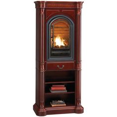 a tall wooden shelf with a fire in it