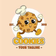 a cookie mascot with a chef hat on it's head and the words cookies your tagline