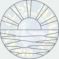 a circular stained glass window with the sun rising over water