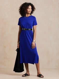 Tie-Waist T-Shirt Midi Dress | Banana Republic Factory Casual Belted Maxi Dress For Date Night, Casual Dresses With Side Slits And Split Hem, Casual Midi Dress With Side Slits For Day Out, Casual Spring Midi Dress With Split Hem, Casual Maxi Dress With Side Slits For Brunch, Casual Midi Dress With Side Slits For Daywear, Belted Midi Dress With Asymmetrical Hem For Summer, Summer Midi Dress With Belted Asymmetrical Hem, Casual Maxi Dress With Tie Waist For Date Night