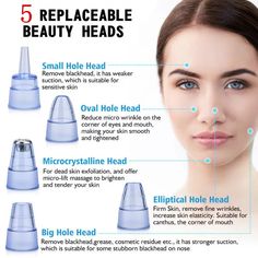 Product Description: Deep Pore Cleansing - Thoroughly remove dirt trapped in pores, blackheads, whiteheads, and oil residue. Suitable for all skin types - Comes with 5 different suction heads with adjustable suction levels for the different skin types. Skin Peeling: Exfoliating tip provides non-invasive treatment to rub off the top skin layer to remove dead cells making skin smoother with a more defined texture. Facelifting: Vacuum lift system creates a gentle stimulating massaging action, stimu Acne Cleaning, Pore Cleaning, Blackheads On Nose, Blackhead Vacuum, Dead Skin Removal, Clean Blackheads, Blackheads Removal, Skin Hyperpigmentation, Pore Cleanser