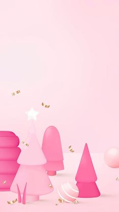 pink christmas trees with gold confetti falling from the top on a pink background