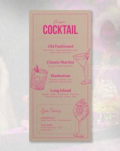 the menu for an old fashioned cocktail party is displayed on a white background with pink accents