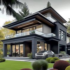 a car is parked in front of a modern house