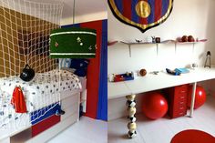 two pictures of a bedroom with soccer themed decor