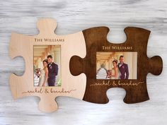 two wooden puzzle pieces with the same image on them, one has a couple's wedding photo