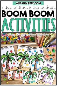 boom boom activities for kids with the text boom boom activities on it and pictures of palm trees