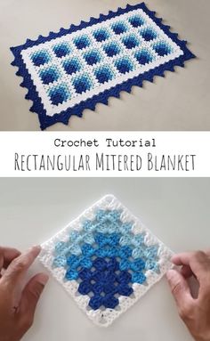 crochet pattern for a rectangular intered blanket with blue and white flowers on it