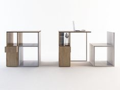 two desks with one open and the other closed, both made out of wood