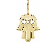 14K yellow gold 0.02ct round diamond accent hamsa hand charm pendant. Symbolic Diamond Charms Jewelry, Symbolic Diamond Accents Pendant Jewelry, Symbolic Pendant Jewelry With Diamond Accents, Hamsa Hand, Round Diamond, Charm Pendant, Round Diamonds, Yellow Gold, Yellow