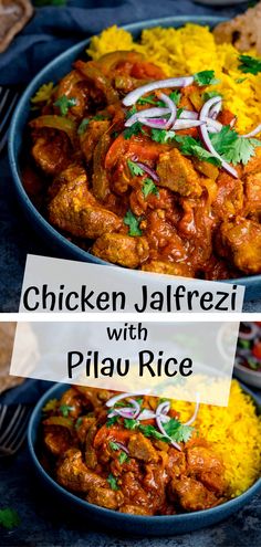 chicken jalfrezi with plau rice in a bowl