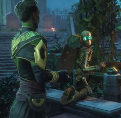 a man sitting on top of a bench next to a skeleton in a green suit