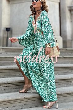 Adorable Days Totem Print V-neck Back Tie Up Vacation Maxi Dress Green V-neck Boho Dress For Vacation, Green V-neck Boho Dress For Summer, Green Boho V-neck Dress For Spring, Spring Green Boho Dress With V-neck, Green V-neck Maxi Dress For Vacation, Green Printed V-neck Maxi Dress, Green Maxi Dress For Day Out, Green Boho Dress For Day Out, Chic Green Boho Dress For The Beach