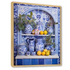 a blue and white shelf with vases, lemons and plants