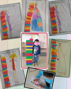 a collage of pictures with children's drawings and artwork on them, including an image of a child standing in front of a stack of colored paper strips