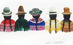 four people with hats and braids are standing in a row on a white background