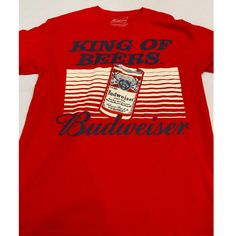 Budweiser Graphic Tee King Of Beers Red T-Shirt Size M (See Pictures For Details) Details: Never Worn. The Inside Hang Tag Has Been Cut Great Condition: (Please See Photos, Measurements Are Shown In The Photos And Details. Due To Lighting, The Color Of Our Photos Can Sometimes Appear Dark, Yellow, Or Far Too Light. We Do Take Our Own Photos; They May Not Always Be Perfect, But We Do Our Best To Please Our Customers. Please Contact Us At Any Time; We Will Respond As Soon As Possible. We Are Happy Red Tops With Logo Print For Fan Merchandise, Red Logo Print Tops For Fan Merchandise, Red Graphic Print Top For Fan Merchandise, Red Graphic Tee For Fans, Red Graphic Print Fan Apparel Top, Red Tops With Letter Print For Fans, Red Tops With Letter Print For Fan Merchandise, Red Graphic Tee For Fan Merchandise, Red Graphic Tee Shirt With Crew Neck