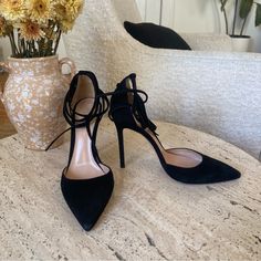 Stunning Black Suede Heels By Gianvito Rossi With A 4" Stiletto Heel, Pointed Toe, And Ankle Wrap Laces. They've Been Worn Maybe Twice And Are In Amazing Condition, With Very Little Sign Of Wear, See Photos. I Injured Myself Last Year And Devastatingly Can't Wear Heels Anymore, Otherwise I Would Not Be Letting These Go. Lowball Offers Will Not Be Considered. Cocktail Court Shoes With 4-inch Heel, Suede Heels For Party With Pointed Toe, 4-inch Closed Toe Heels For Date Night, Suede Pointed Toe Heels For Night Out, Chic Almond Toe Heels For Night Out, Fitted Court Shoes With Wrapped Heel For Night Out, Elegant Round Toe Heels For Date Night, Fitted Night Out Court Shoes With Wrapped Heel, Chic 4-inch Heels For Date Night