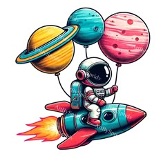 an astronaut riding on top of a rocket with balloons