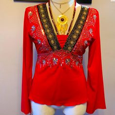 This Red Beautifully Embellished Funky People Top From India Is New And A Size Large. Cheap Blouse Piece With Cutdana For Diwali, Red Embellished Fitted Tops, Red Embroidered Holiday Tops, Festive Red Mirror Work Tops, Traditional Embellished Red Tops, Traditional Red Embellished Tops, Red Bohemian Tops For Festive Occasions, Red Bohemian Top For Festive Occasions, Bohemian Tops For Party Festival