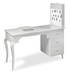 a white desk with an open drawer on it