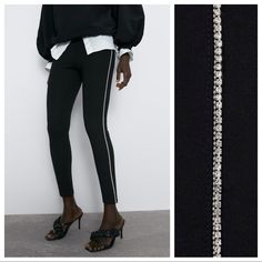 Nwt. Zara Black Leggings With An Elastic Waistband And Bejewelled Taping On The Sides. Size S. Ref. 4387/034. Waist 13" Flat, Rise 11", Inseam 25 ". P. Elegant Rhinestone Bottoms For Night Out, Elegant Silver Pants For Workwear, Elegant Stretch Leggings For Evening, Chic Black Bottoms With Rhinestones, Elegant Black Leggings For Evening, Elegant Leggings For Night Out In Winter, Elegant Winter Leggings For Night Out, Silver Bottoms With Rhinestones For Night Out, Silver Embellished Fitted Bottoms