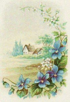 a blue flower border with a house in the background