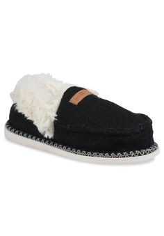 classic moc shape fully lined in faux fur keeping your feet warm while the memory foam insole adds comfort. The durable indoor/outdoor sole make this a versatile indoor/outdoor option100% polyester UpperPVC LiningPVC OutsoleSlippers available in sizes Small 5-6, Medium 7-8, Large 9-10 | Women's Faux Wool Felted Mocassin Slippers by GaaHuu in Black (Size SMALL 5-6) Mocassin Slippers, Linen Gauze, Slippers Black, Warm Slippers, Womens Scrubs, Sweater Collection, Swimsuits For All, Leather Shops, Textured Knit