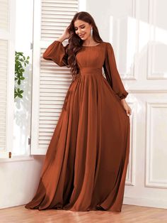 Modest Terracotta Bridesmaid Dresses, Orange Long Dress, Fall Maxi Dresses, New Model Dress, Party Silhouette, Dress Elegantly, Long Sleeve Chiffon Dress, Long Dresses Elegant, Bridesmaid Dresses With Sleeves