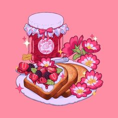 a piece of toast with berries and jam on it next to some flowery flowers