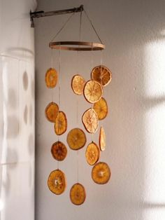 a mobile made out of slices of fruit hanging from a wall next to a window