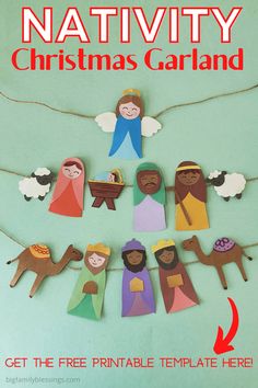 the nativity christmas garland is made with paper cutouts and string to make it look like