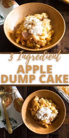 three images showing different types of baked apple dump cake in wooden bowls with text overlay