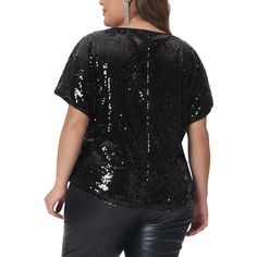 Get ready to dazzle in this Allover Sparkle Sequin Glitter Short Sleeve Dressy Party Club Night Blouse Top, designed for plus size women who want to shine at any event. The round neck and short sleeves add a touch of elegance to this top, making it perfect for any occasion. Pair it with favorite leggings or wear it with a cocktail dress for a more formal look. The sequin glitter adds a touch of interesting to this top, making you the center of attention. Say goodbye to boring tops and welcome to Black Party Tops For Christmas, Black Tops For Christmas Party, Black Christmas Party Top, Black Christmas Party Tops, Glitter Shorts, Favorite Leggings, Sparkly Top, Club Night, Hem Style