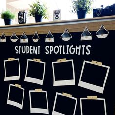 a black and white bulletin board with pictures hanging from it's sides, surrounded by potted plants