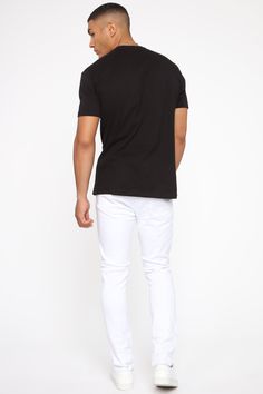 Available In White Button Closure Zip Fly 5 Pocket Body Knee Distressing With Backing 31 Inseam 98% Cotton, 2% Spandex Imported Model Height: 6'2" Model is wearing size 34"  | Mens Reel It In Skinny Jean in White size 38 by Fashion Nova White V-neck T-shirt With Button Closure, Free Dresses, Personal Marketing, White Fashion, Jeans For Sale, Model Height, Cali, White Undershirt, White Jeans