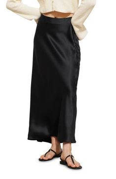 Elevate your ensemble in this high-waisted skirt crafted from a silky satin in a drapey maxi silhouette. 36" length (size 4US) Hidden side-zip closure 68% acetate, 32% viscose Dry clean or machine wash, dry flat Imported Satin Maxi Skirt, Satin Midi Skirt, Satin Maxi, Dark Black, High Waisted Skirt, Maxi Skirt, Womens Bottoms, Midi Skirt, Mango