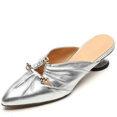 TSS69 Leather Slippers Sandals - Women's Casual Shoes - Touchy Style Silver Slip-on Party Mules, Silver Flat Heels For Summer, Spring Mules With Metal Feet, Silver Low Heel Kitten Heels For Summer, Silver Low Kitten Heels For Summer, Silver Pointed Toe Kitten Heels For Spring, Silver Kitten Heels With Pointed Toe For Spring, Silver Kitten Heels For Summer, Elegant Silver Mules For Party