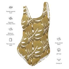 A color palette which complements a diverse spectrum of skin tones, this gold monstera pattern one-piece swimsuit will turn heads this summer. Enjoy the smooth fabric and the flattering design, and show it off by the sea or pool! • 82% Polyester, 18% Spandex • Fabric weight: 6.78 oz/yd² (230 g/m²), weight may vary by 5% • Chlorine-resistant fabric • Cheeky fit with a scoop neckline and a low scoop back • Zig-zag stitching • Double-layer front • Four-way stretch material stretches and recovers on the cross and lengthwise grains This product is made especially for you as soon as you place an order, which is why it takes us a bit longer to deliver it to you. Making products on demand instead of in bulk helps reduce overproduction, so thank you for making thoughtful purchasing decisions!Size g Monstera Pattern, Persian Culture, Photo Editing Services, Painted Books, Journal Stationery, Color Correction, Professional Photo, By The Sea, Spandex Fabric