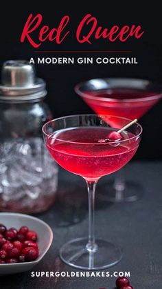 the red queen cocktail is garnished with cranberries and served in coupe glasses