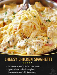 the recipe for creamy chicken spaghetti is in a skillet with a spoon and fork