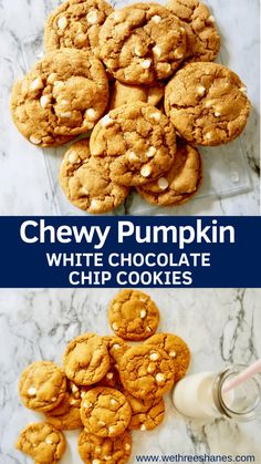 chewy pumpkin white chocolate chip cookies with milk