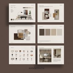 the interior design is shown in four different colors and sizes, including brown, beige, white